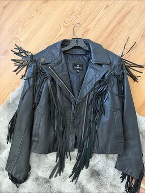 Berman Black Leather Fringe Moto Jacket - Women's